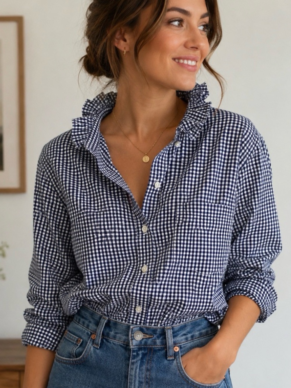 Reworked Upcycled J.Crew Blue Gingham Ruffle Collar Button Down Shirt M/L